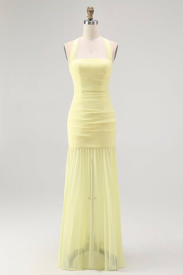 Yellow Halter Sheath Ruched Tie Back Long Bridesmaid Dress